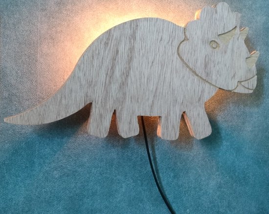 Houten dino nachtlamp met schakelaar - Dinosaurus - Triceratops van Little Dreamzzz. — afbeelding 2