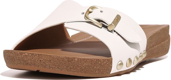 FitFlop Iqushion Adjustable Buckle Leather Slides WIT - Maat 36