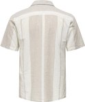 Achterkant van een beige kortarmig overhemd met verticale witte en beige strepen.