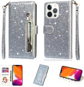 Glitter Bookcase Hoesje Geschikt voor: iPhone 15 Pro Max met rits - hoesje - portemonneehoesje - Zilver - ZT Accessoires