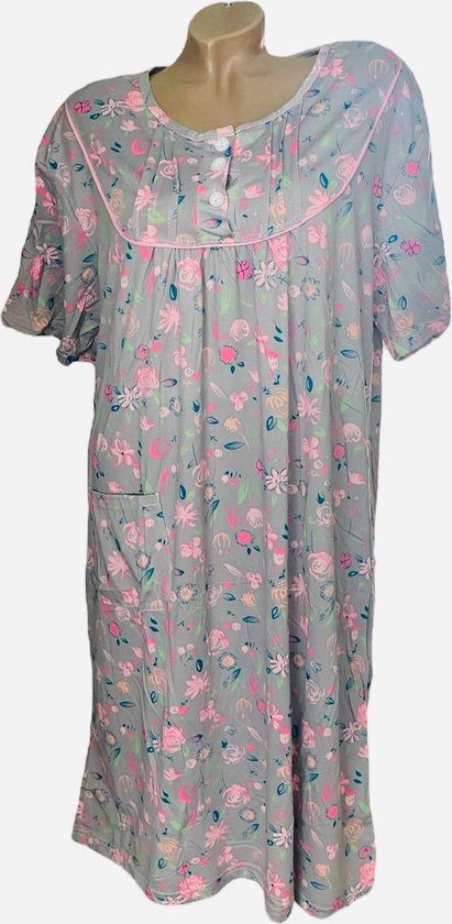Dames nachthemd korte mouwen 6535 bloemenprint XXXL grijs/roze