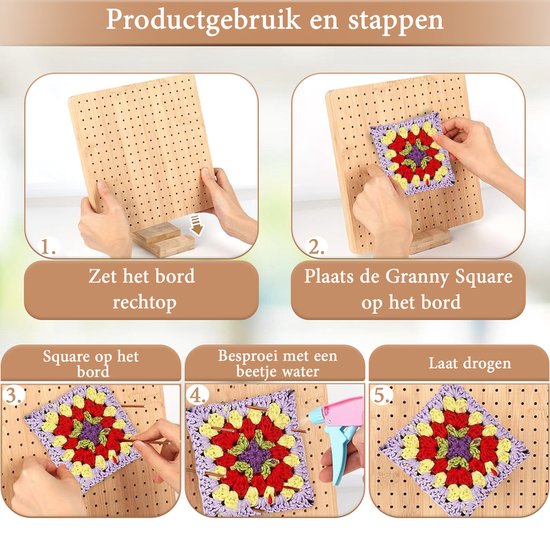 Haaknaaldblok, plaat voor grootman, houten haakvergrendeling, met 20 roestvrijstalen pennen en 5 naalden, voor haakprojecten (20 cm x 20 cm
