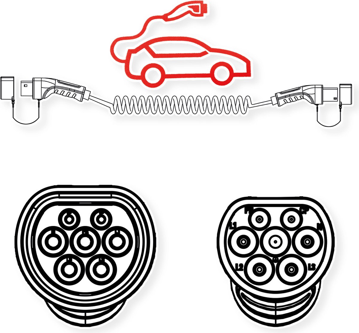 ROLINE Auto oplaadkabel Type2, 3-fase, 480VAC (3P+N+E), 16 A, 11 kW, spiraalkabel (bruikbaar 5m)