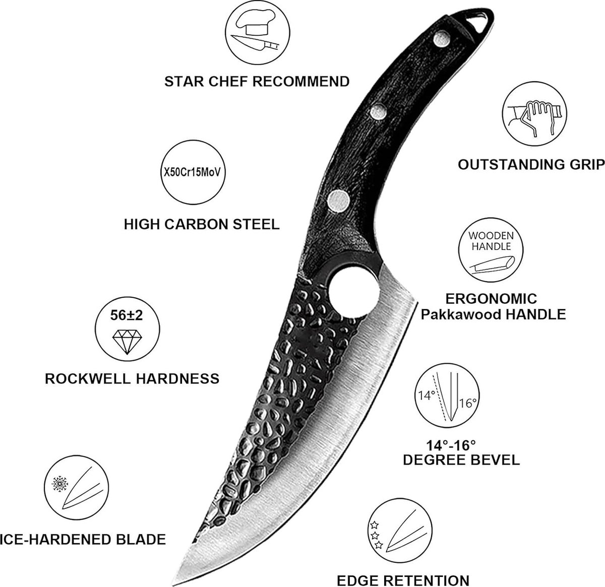 Handgesmeed koksmes 14 cm Japans mes in damaststaal vleesmes van roestvrij staal met ergonomische houten handgreep scherp koksmes