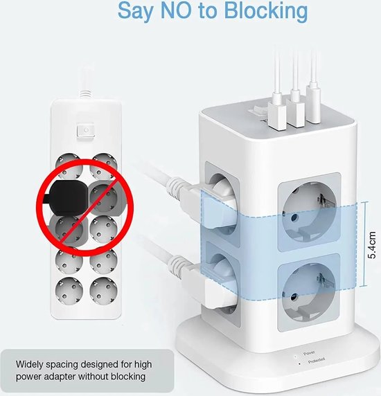 MORRE 12-in-1 toren stekkerdoos met 8 stopcontacten en USB-C en USB-A