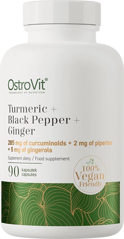 Witte pot met OstroVit opschrift in paars en oranje. 90 capsules, vegan vriendelijk.