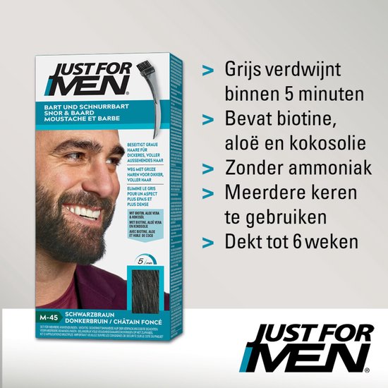 Man met donkerbruine baard en snor, lachend. Verpakking van Just For Men M45 Donkerbruin met opsommingstekens.