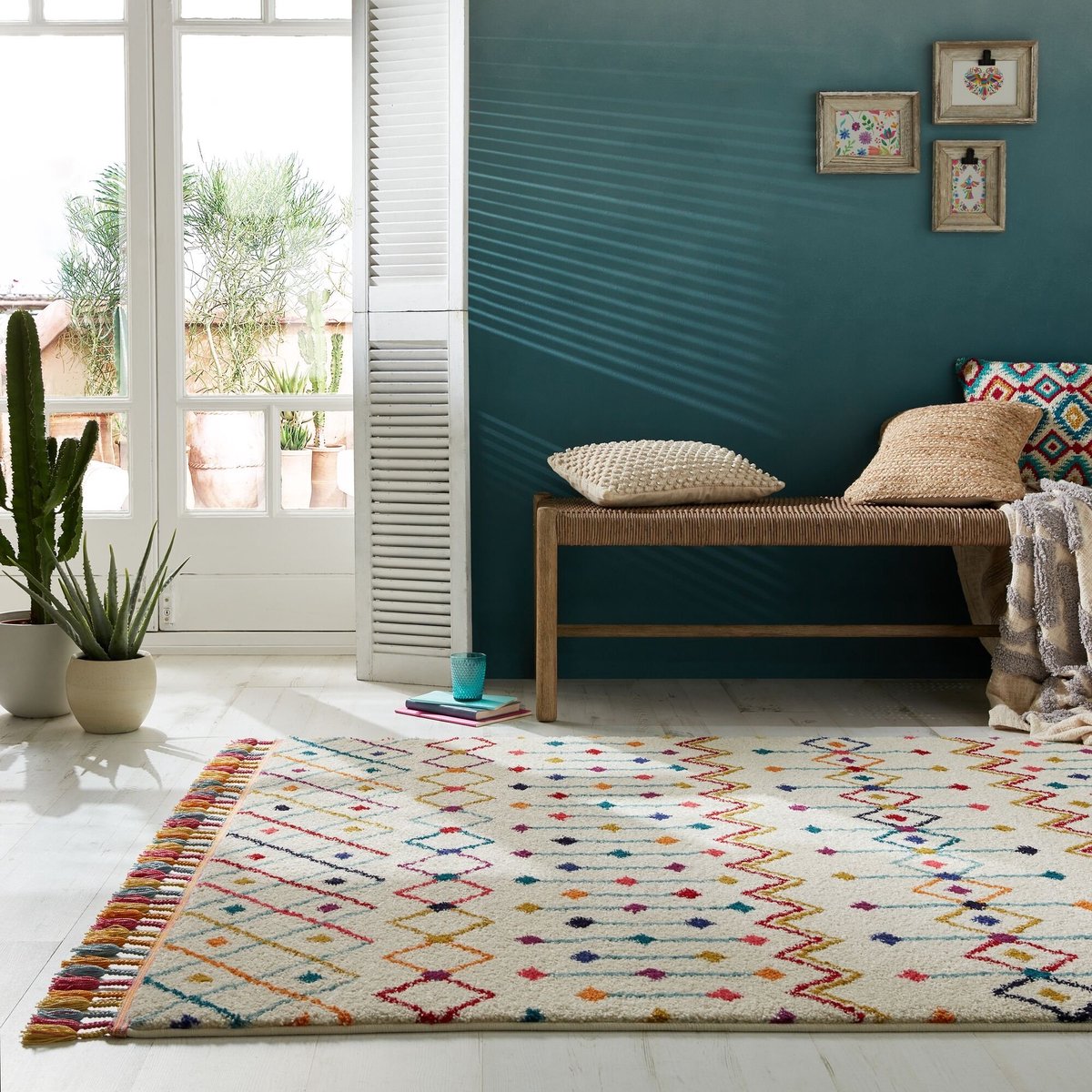 Flycarpets Kleurrijk Vloerkleed - Prairie - Laagpolig - Franjes - Creme - 120x170 cm
