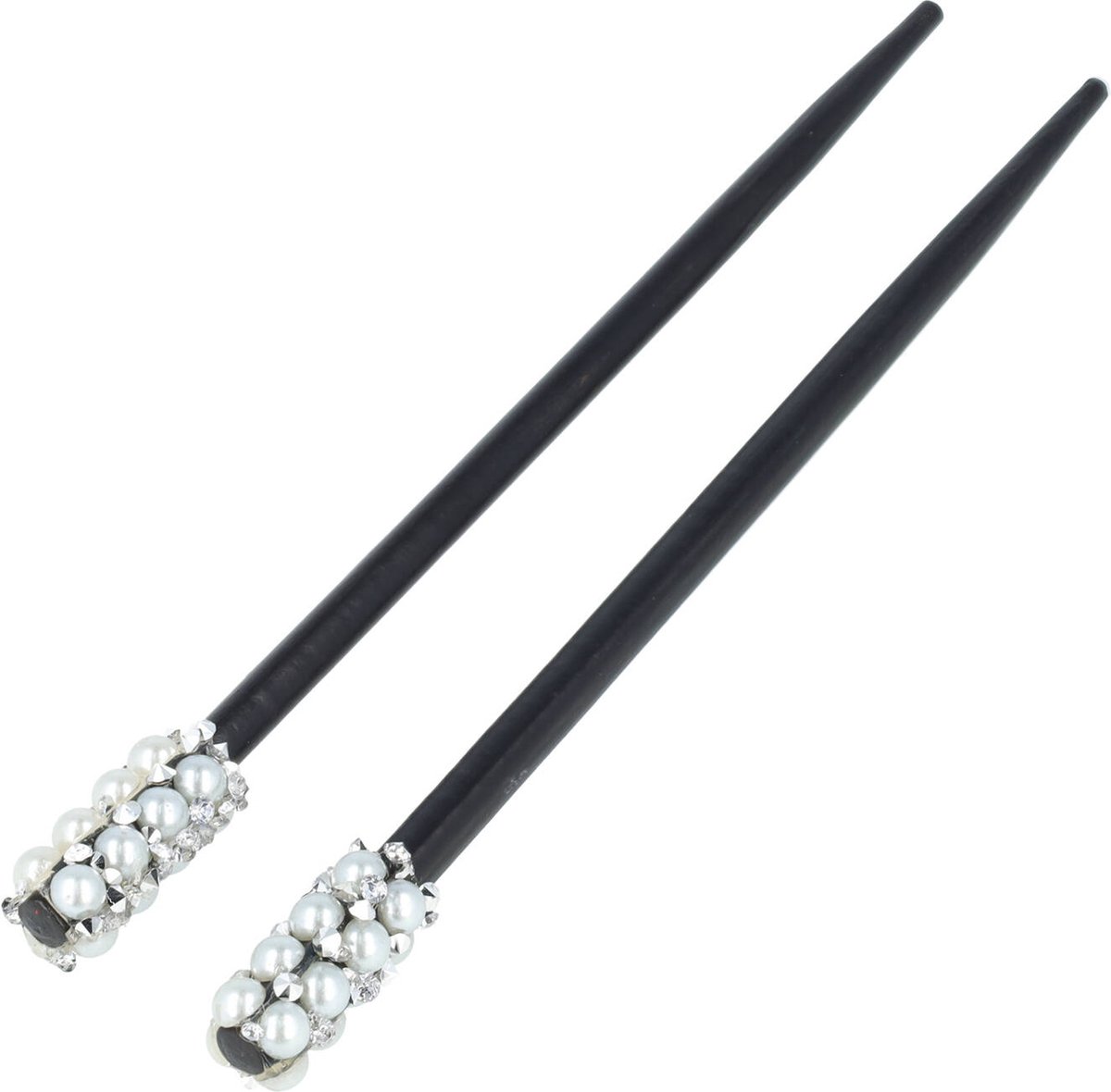 Haarsoires Haarspeld Haarpinnen 18cm - Haarstokjes - Parel Strass - Hout – Zwart Zilver - Set van 2 - Hair Sticks - Japanse Opsteekstokjes - Haaraccessoire voor Opsteekkapsel - Sierpinnen voor Opsteekkapsels - Hair Pins