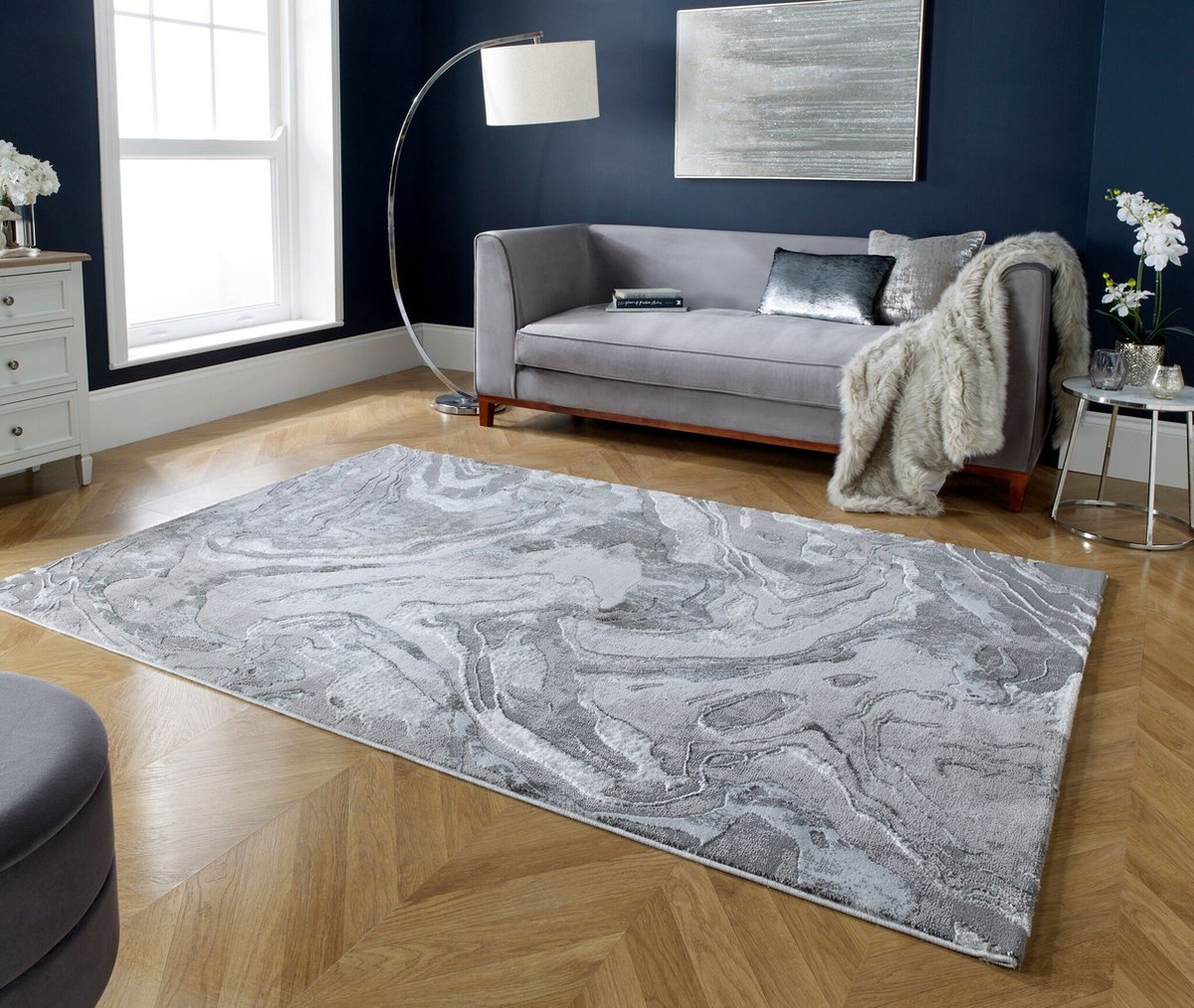 Flycarpets Modern Vloerkleed - Marbled - Laagpolig - Marmer - Zilver - 300x400 cm