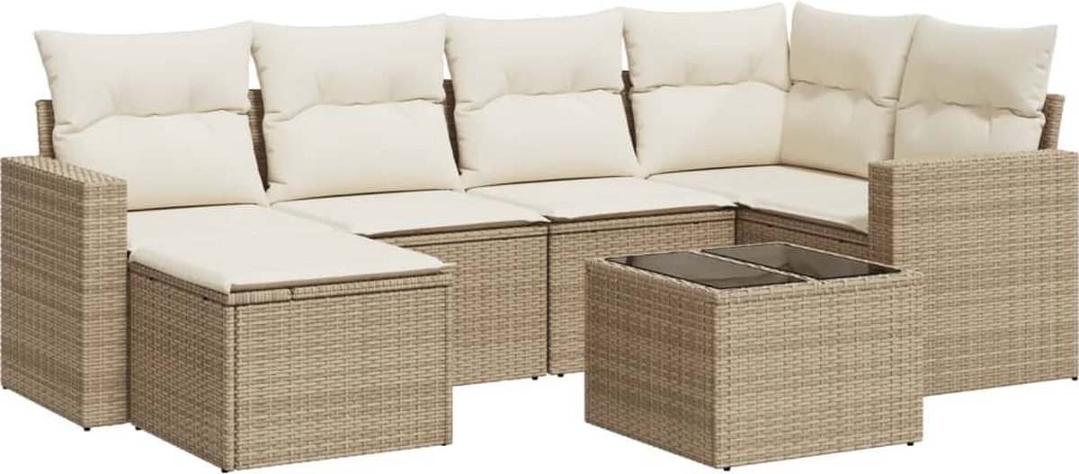 vidaXL 7-delige - Loungeset - met - kussens - poly - rattan - beige