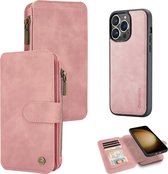 Casemania Hoesje Geschikt voor Apple iPhone 15 Pro - Pale Pink - 2 in 1 Magnetic Book Case met Rits