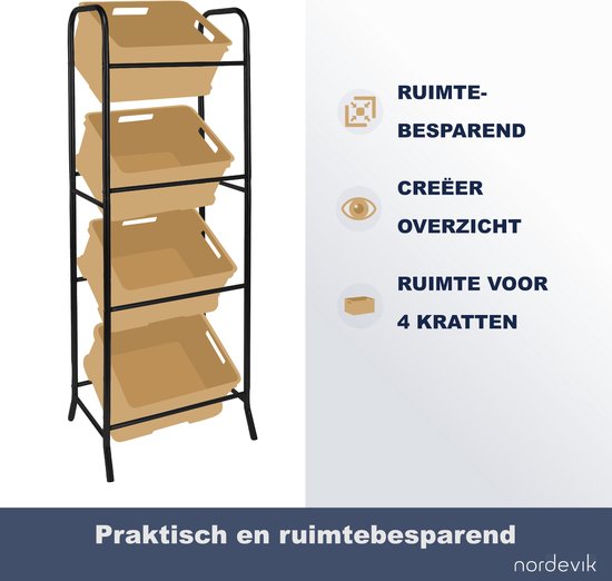 Nordevik Krattenrek - Extra Stevig Opbergrek - Geschikt voor het opbergen van 4 kratten - Zwart