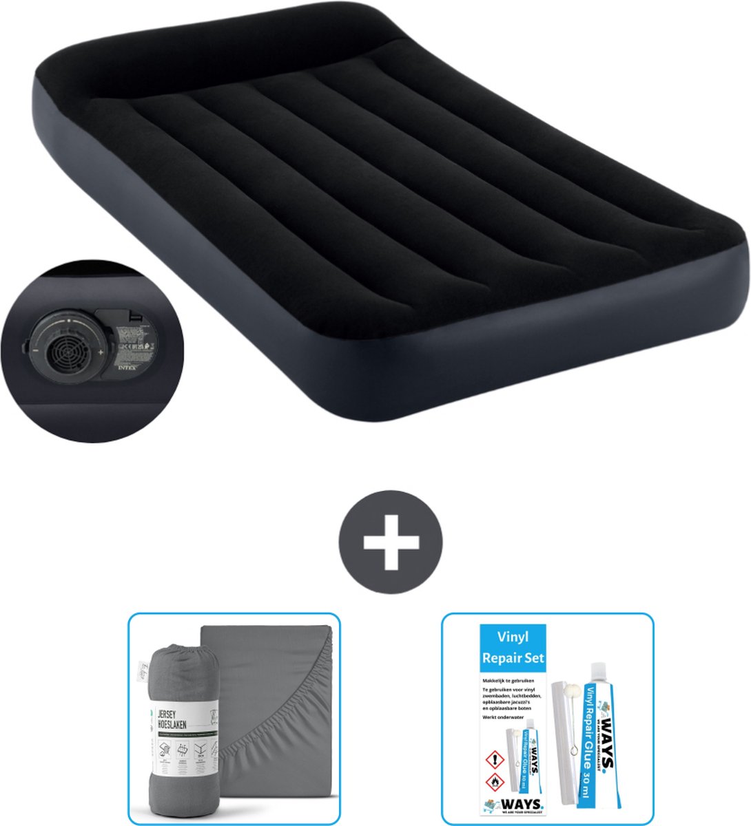 Intex Luchtbed - 1-Persoons - 99 x 191 x 25 cm - Blauw - Inclusief pomp - Hoeslaken en Reparatieset