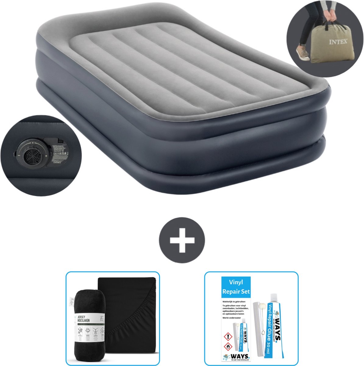 Intex Luchtbed - 1-Persoons - 99 x 191 x 42 cm - Grijs - Inclusief pomp - Accessoires CB18