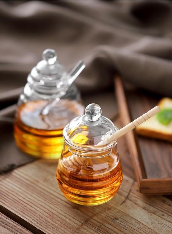 Pot à Miel En Verre 400 Ml Avec Cuillère - Distributeur Transparent Design Ruche Et Abeilles