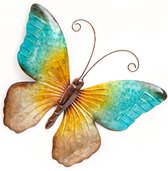 Anna Collection Wanddecoratie vlinders - 2x - blauw/roze - 44 x 32 cm - metaal - muurdecoratie - tuin beelden van dieren