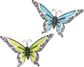Anna Collection Wanddecoratie vlinders - 2x - blauw/groen - 49 x 28 cm - metaal - muurdecoratie - tuin beelden