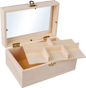 Rayher hobby Houten kistje 2 laags - met sluiting en deksel - 20 x 13 x 9 cm - Sieraden/spulletjes - vakjes boven - kleine kistjes
