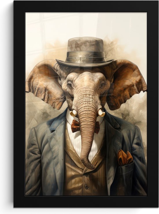 Fotolijst inclusief poster - Posterlijst 20x30 cm - Posters - Vintage - Olifant - Hoed - Pak - Licht - Dieren - Foto in lijst decoratie - Wanddecoratie woonkamer - Muurdecoratie slaapkamer