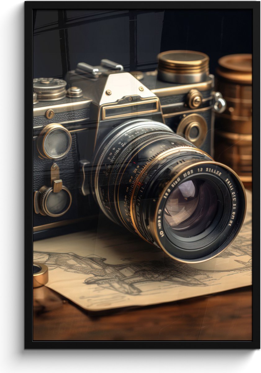 FrameYourWall Poster in lijst - Fotolijst 60x90 cm - Posters - Vintage - Fototoestel - Camera - Papier - Oud - Posterlijst zwart - Decoratie - Wanddecoratie woonkamer - Muurdecoratie slaapkamer