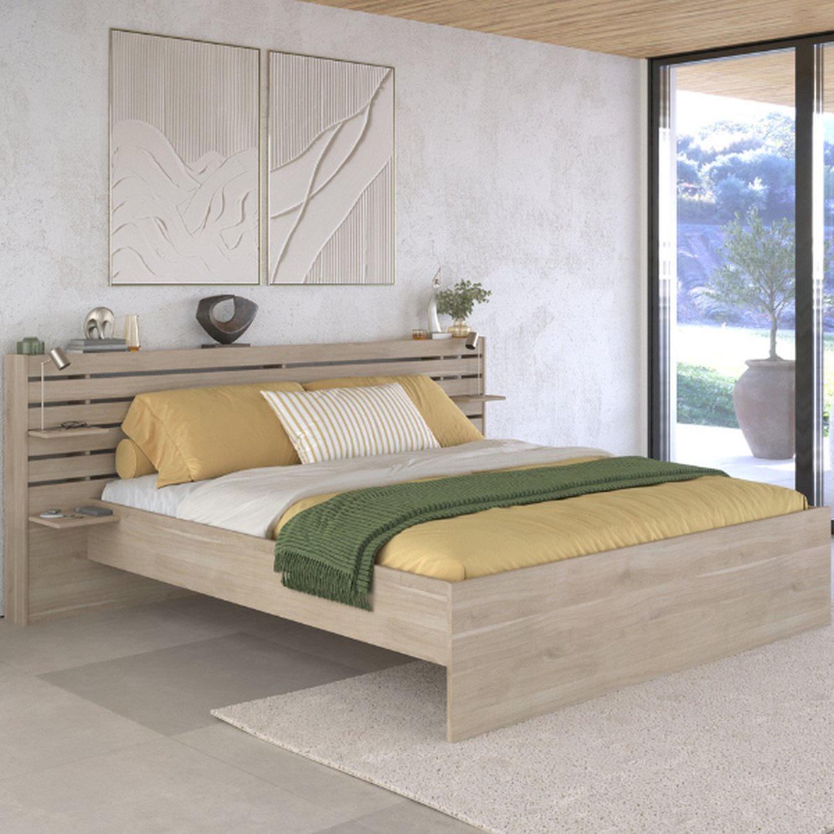 Tweepersoonsbed Tokio 180x200cm - eikdecor / wit - Parisot - Tweepersoons bedkader - Bruin - Spaanplaat Tweepersoons Normaal bed