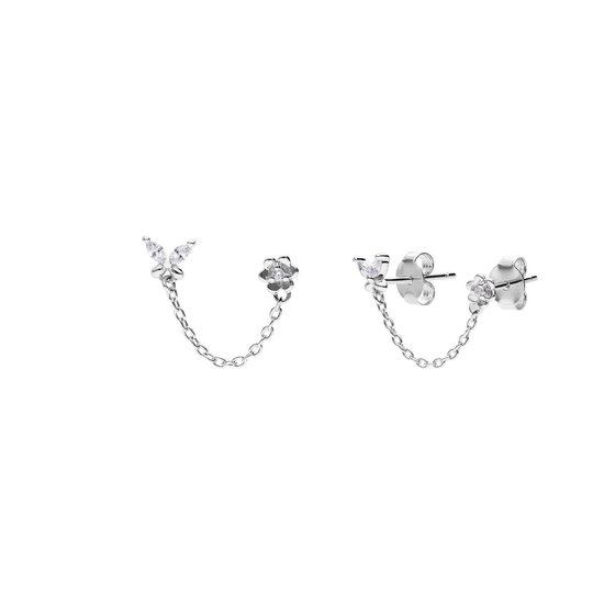 Lucardi Femme Clous d'oreilles en argent double fleur papillon zircone - Boucles d'oreilles - Argent 925 - Couleur argent