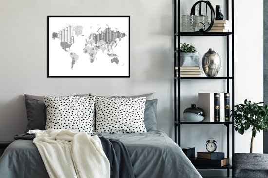 Affiche avec cadre Wereldkaart - Lettres - Grijs - 80x60 cm