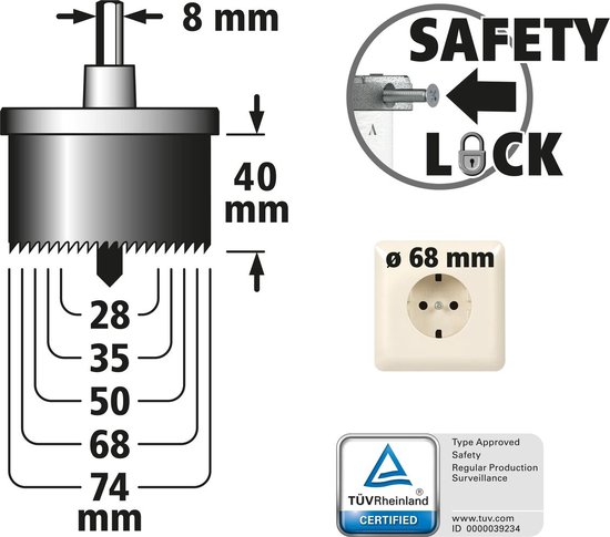 Afmetingen gatenzaag 28-74 mm, met 68 mm stopcontact en safety lock.