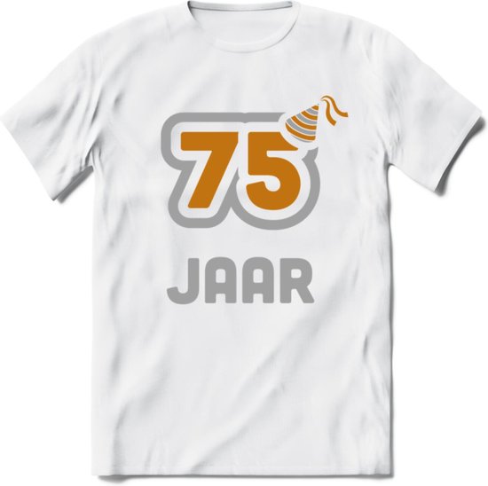 75 Jaar Feest T-Shirt | Goud - Zilver | Grappig Verjaardag Cadeau Shirt | Dames - Heren - Unisex | Tshirt Kleding Kado | - Wit - 3XL
