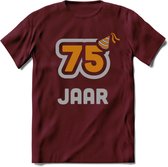 75 Jaar Feest T-Shirt | Goud - Zilver | Grappig Verjaardag Cadeau Shirt | Dames - Heren - Unisex | Tshirt Kleding Kado | - Burgundy - S