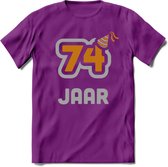 74 Jaar Feest T-Shirt | Goud - Zilver | Grappig Verjaardag Cadeau Shirt | Dames - Heren - Unisex | Tshirt Kleding Kado | - Paars - XL