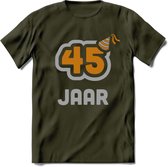 45 Jaar Feest T-Shirt | Goud - Zilver | Grappig Verjaardag Cadeau Shirt | Dames - Heren - Unisex | Tshirt Kleding Kado | - Leger Groen - L
