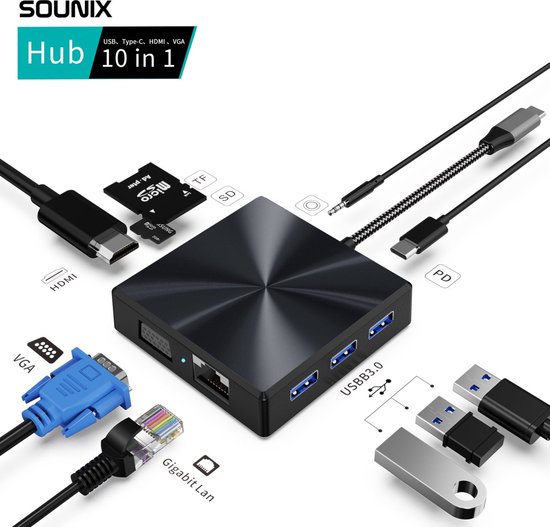 Sounix® 10 in 1 USB C HUB - HDMI 4K - VGA - USB 3.0 - 20cm Kabel - LAN -  SD/TF - 3.5MM... | bol.com