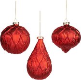 Viv! Home Luxuries Kerstbal - 3D blaadjes - set van 3 - glas - rood - 8cm