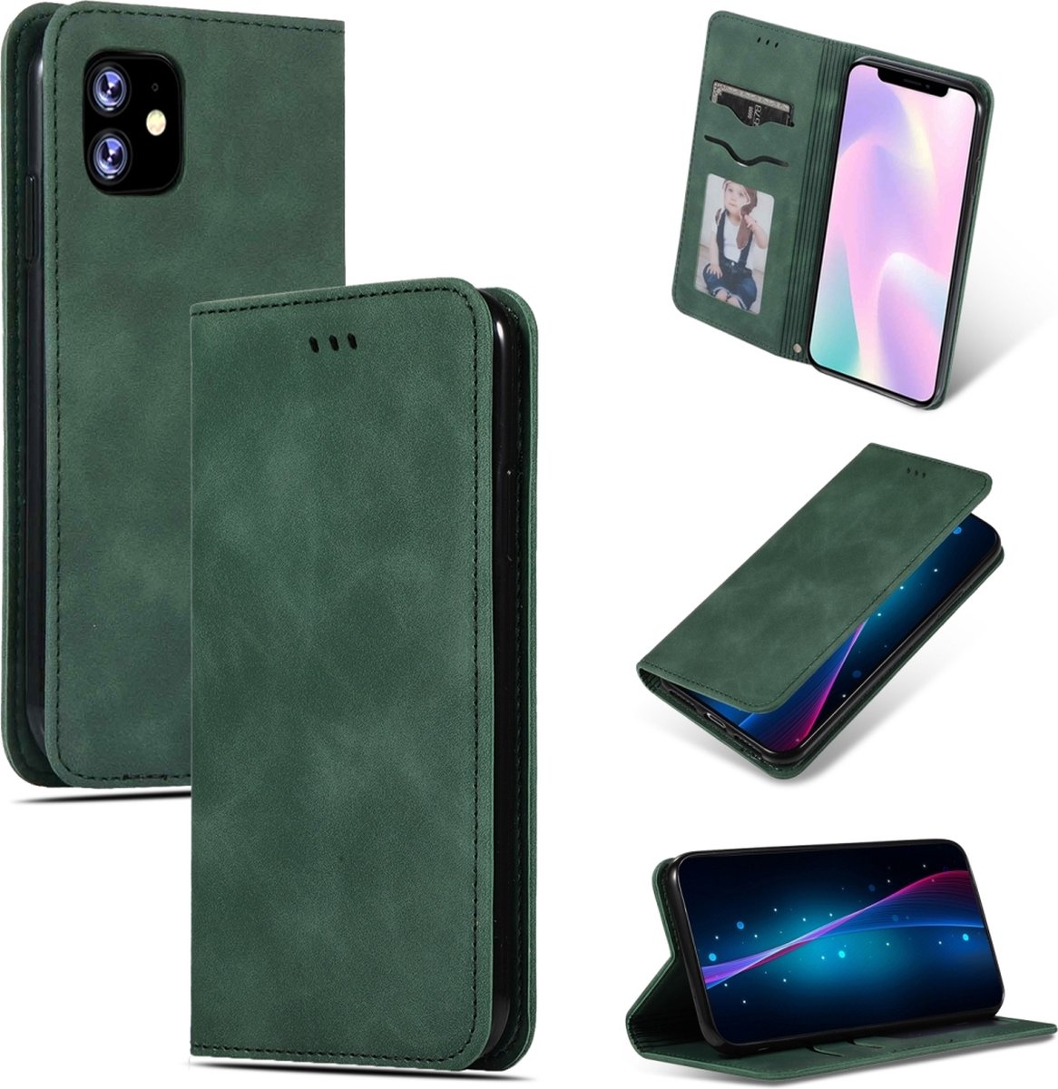Mobigear Telefoonhoesje geschikt voor Apple iPhone 11 Hoesje | Mobigear Retro Slim Bookcase | Pasjeshouder voor 2 Pasjes | Telefoonhoesje voor Pinpas / OV Kaart / Rijbewijs - Groen