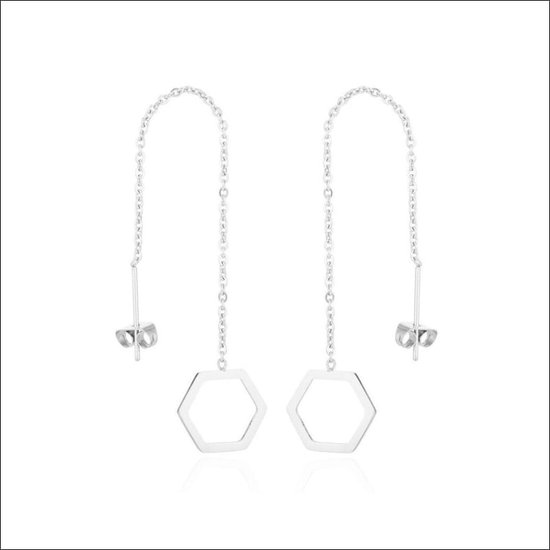 Aramat jewels ® - Doortrek oorbellen zeshoek zilverkleurig staal 10cm