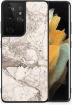GSM Hoesje Geschikt voor Samsung Galaxy S21 Ultra Hoesje Bumper met Zwarte rand Marmer Beige