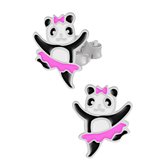 Oorbellen meisje zilver | Zilveren oorstekers, dansende panda met roze rokje