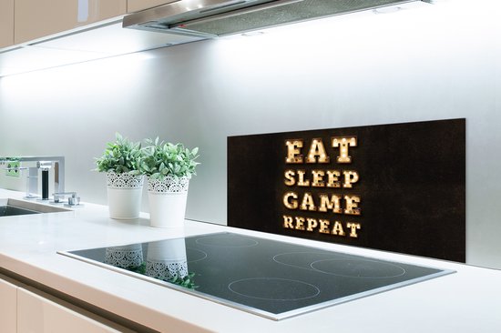 Spatscherm keuken 90x45 cm - Kookplaat achterwand Gaming - Games - Quotes - Spreuken - Eat sleep game repeat - Muurbeschermer - Spatwand fornuis - Hoogwaardig aluminium