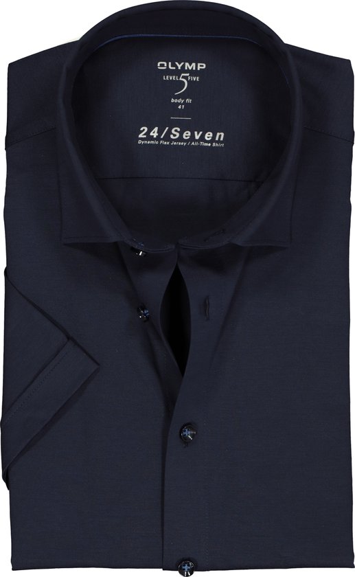 OLYMP Level 5 24/Seven body fit overhemd - korte mouw - marine blauw tricot - Strijkvriendelijk - Boordmaat: 41