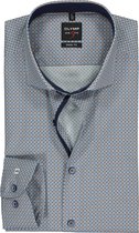 OLYMP Level 5 body fit overhemd - mouwlengte 7 - blauw met wit en camel dessin (contrast) - Strijkvriendelijk - Boordmaat: 40
