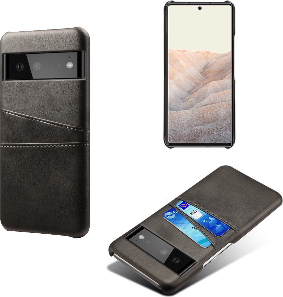 Back Cover met Opbergvakjes + 21D Glas Screenprotector voor Google Pixel 6 _ Zwart
