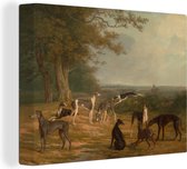 Canvas Schilderij Nine greyhounds in a landscape - schilderij van Jacques Laurent Agasse - 80x60 cm - Wanddecoratie