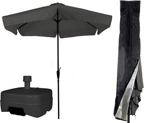 CUHOC Grijze / Antraciete Parasol - Parasolhoes - Extra Zware Vulbare Verrijdbare Parasolvoet - parasol met voet, parasol met hoes en voet, stokparasol met hoes en voet - parasol grijs hoes