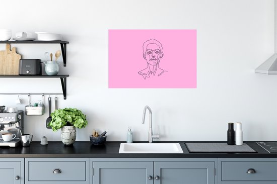 Femme art Line avec les cheveux courts sur un papier d'affiche de fond rose 90x60 cm - impression photo sur l' affiche (décoration murale salon / chambre à coucher)