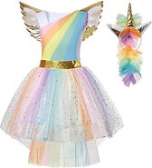 Joya® Regenboog Eenhoorn Verkleed Jurk Set | Unicorn Jurk kostuum | Prinsessen jurk verkleedjurk + Haarband | Maat 116-122 (M) | Cadeau meisje