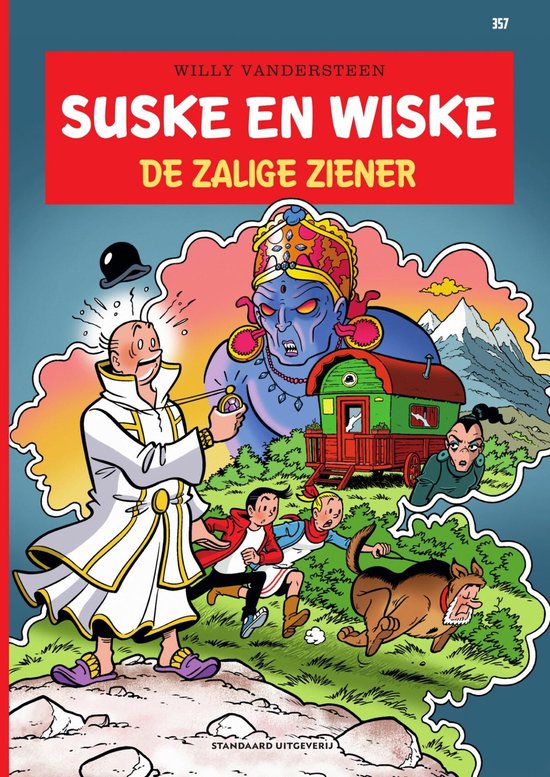 Suske en Wiske - De Zalige Ziener. Vrolijk gekleurde stripafbeelding met Suske, Wiske, Lambik en de Zalmige Ziener.