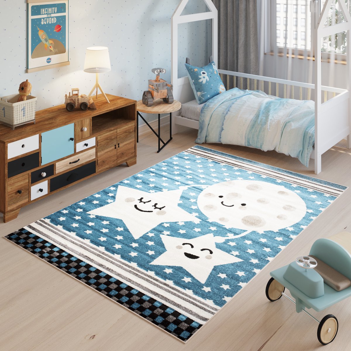 Tapiso Fiesta Vloerkleed Blauw Beige Sterren Kinderkamer Tapijt Maat- 120x170 Blauw Wit