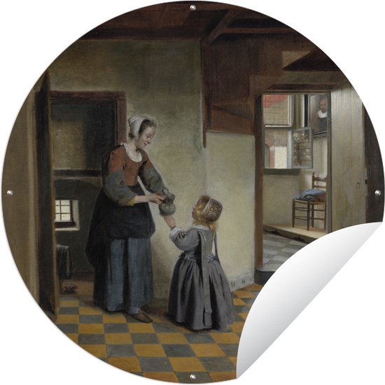 Tuincirkel Een vrouw met een kind in een kelderkamer - Schilderij van Pieter de Hooch - 90x90 cm - Ronde Tuinposter - Buiten